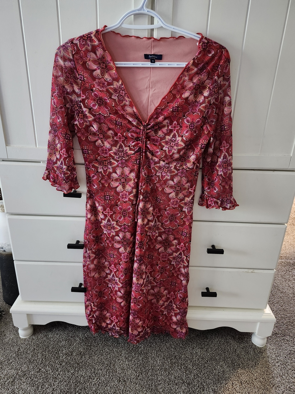 Reitmans Pink and Red Floral V-Neck Long Sleeve Dress Sz 9